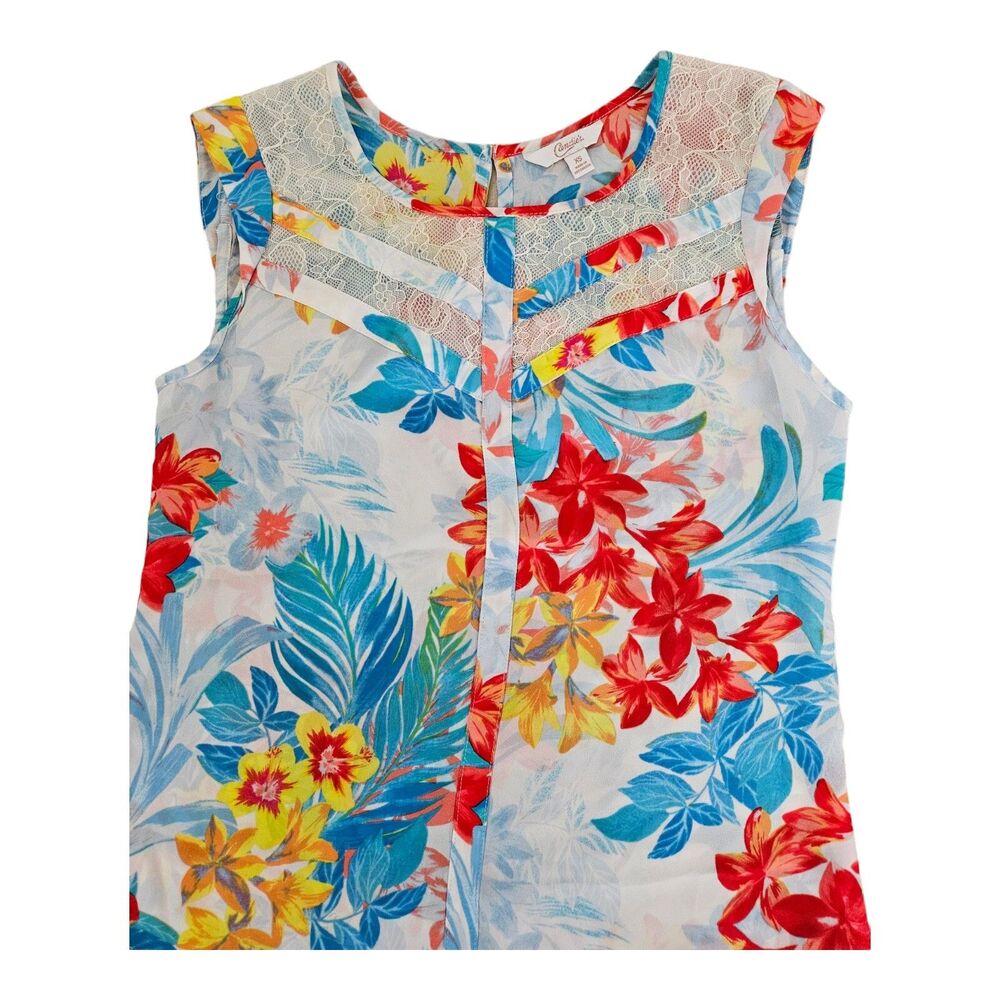 Floral Lace Inset Sleeveless Top Women's Size XS Tropical Print By Candies - Picture 2 of 7
